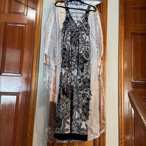 AB Studio Black/White Stretch Maxi Dress Lace Paisley Multi Print SZ L